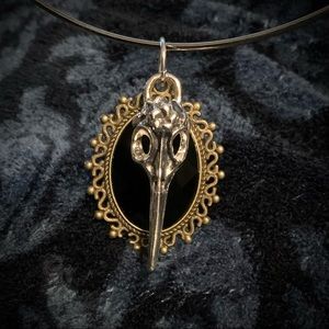 Goth bird skull black stone filigree ring necklace